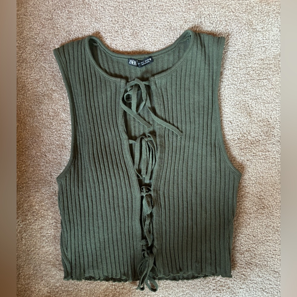 Zara knit olive green tie top